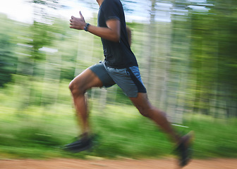 Image showing Running, speed and blur of man in forest for marathon training, exercise and cardio workout. Sports, fitness and fast athlete in nature for wellness, healthy body and endurance for race or challenge