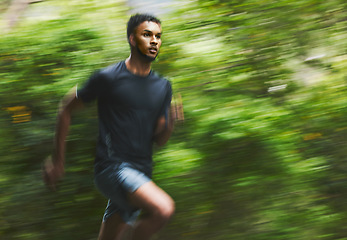 Image showing Sports man, speed and running in park with motion blur, cardio workout and fitness action. Runner, athlete and focus for marathon race with energy, dynamic exercise and fast performance pace outdoor