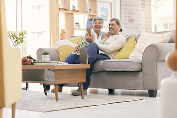 Image showing Selfie, happy and mature couple on sofa with smile for social media post, profile picture and memories. Marriage, love and man and woman take photo in living room for bonding, relationship and relax