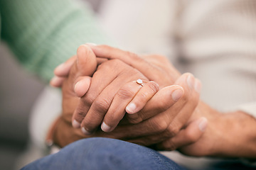 Image showing Couple holding hands for support, love and care of trust together in marriage relationship at home. Closeup of man, woman and helping hand of life partner with loyalty, commitment or hope for empathy