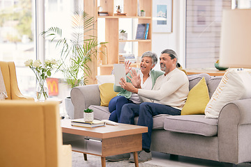 Image showing Happy, couple and video call on tablet in home with voip communication, social network and webcam on sofa. Mature man, woman and wave hello for virtual conversation of digital contact in living room