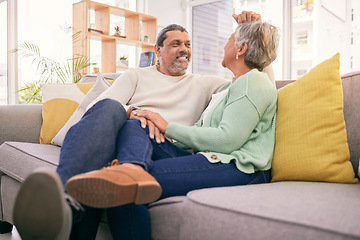 Image showing Love, mature couple and relax on sofa in home for romance, care and bonding together with marriage partner. Man, woman and talk on couch with smile, support or loyalty for relationship in living room