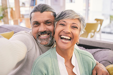 Image showing Selfie, portrait and happy mature couple on sofa smile for social media post, profile picture or memory. Marriage, love and man and woman take photo in living room for bonding, relationship and relax