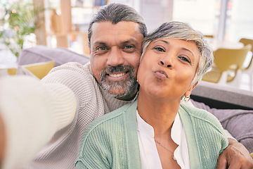 Image showing Selfie, portrait and mature couple on sofa with pout for social media post, profile picture and memory. Marriage, love and man and woman take photo in living room for bonding, relationship and relax