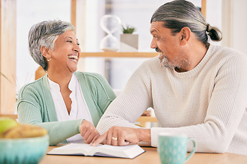 Image showing Reading, book and senior couple at home with bible study and religion together in marriage. Laughing, happy and elderly people with worship, learning and christian conversation with love and care