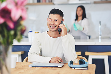 Image showing Phone call, happy and man for remote work with laptop for communication, connection and contact. Working from home, small business and person on smartphone for conversation, talking and chatting