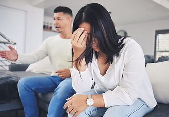 Image showing Frustrated couple, headache and fight in divorce, conflict or disagreement on living room sofa at home. Unhappy man and woman in breakup, cheating affair or dispute from toxic relationship in house