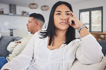 Image showing Frustrated couple, fight and argument in divorce, conflict or disagreement on living room sofa at home. Unhappy man and woman in breakup, cheating affair or dispute from toxic relationship in house