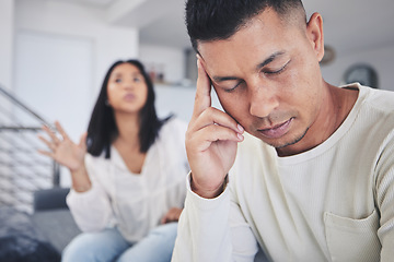 Image showing Frustrated couple, headache and fight in argument, divorce or conflict from argument on living room sofa at home. Unhappy man and woman in breakup, cheating affair or toxic relationship at the house