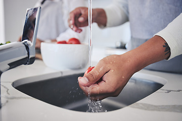 Image showing Water, tomato and person hands cleaning vegetable for cooking in a kitchen basin or sink in a home for hygiene. Salad, food and chef prepare produce for a supper, lunch or dinner for diet meal