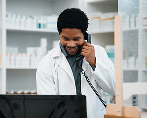 Image showing Phone call, pharmacy and black man on computer for medicine, prescription and medication service. Healthcare, medical care and African pharmacist speaking for telehealth, consultation and online