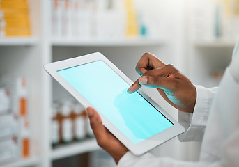 Image showing Green screen, pharmacist or hands with tablet mockup space for inventory inspection or stock check at pharmacy. Closeup of medical website or healthcare worker with technology app display in clinic