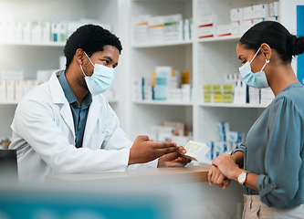 Image showing Pharmacist, patient and face mask with box in consultation, healthcare advice or prescription at pharmacy. Man or medical professional explaining over counter medication to sick customer at drugstore