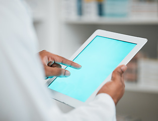 Image showing Green screen, pharmacist or hands of man with tablet mockup space for inventory inspection or stock check. Closeup, medical website or healthcare worker typing on technology app display in pharmacy