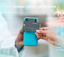 Image showing Credit card, machine and doctor hands of health service, hacking information or cybersecurity software in pharmacy. Pharmacist or cashier in point of sale, data protection overlay and digital payment