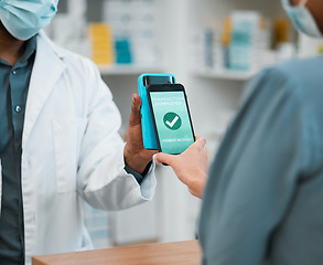 Image showing Phone, contactless pay and a customer shopping at a shop and paying for service with success. Future, technology and hand of a person with a smartphone and machine for payment at a pharmacy counter