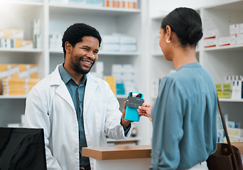 Image showing People, pharmacy and credit card machine for healthcare POS, medical or fintech payment and customer service. Pharmacist or doctor with online point of sale for medicine product and debit transaction