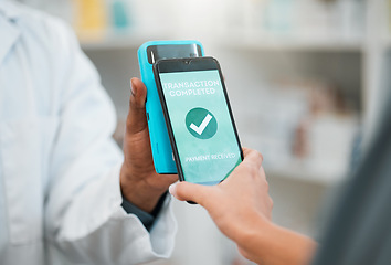 Image showing Contactless pay, phone and a customer shopping at a shop and paying for service with success check. Future, technology and hand of a person with a smartphone and machine for payment at a pharmacy