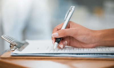 Image showing Hands of woman with clipboard, medical insurance and information at counter for script medicine. Paperwork, writing and signature, patient at pharmacist with application for pharmaceutical healthcare