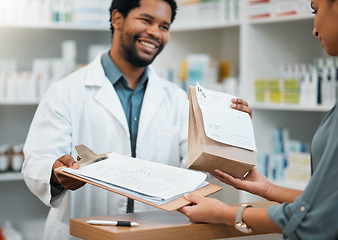 Image showing Happy pharmacist, paper bag and patient with clipboard for signature, prescription or consultation at pharmacy. Black man, medical or healthcare professional giving medication to sick customer