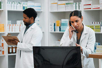 Image showing Phone call, pharmacy and woman on computer for telehealth, prescription and medication website. Healthcare, medical care and happy pharmacist speaking for medicine, consultation and wellness service