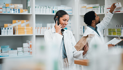 Image showing Phone call, pharmacy and woman with order for medicine, prescription and medication collection service. Healthcare, medical care and happy pharmacist talking for telehealth, consultation and package