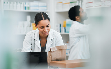 Image showing Pharmacist, people and paper bag for medicine, stock inventory and retail management by help desk. Medical worker or doctor in pharmacy, drugs or product packaging for customer service in healthcare