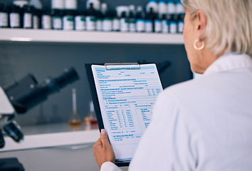 Image showing Science, woman in laboratory and checklist with results, inventory list and pharmaceutical study data. Chemical research, drugs and scientist in lab with clipboard, medical notes and analysis info.