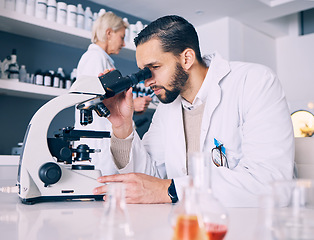 Image showing Science man, microscope analysis and laboratory for research, molecules or particles of bacteria at pharma job. Scientist team, medical vision and studying with virus for pharmaceutical innovation