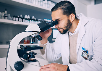 Image showing Microscope, research and man scientist looking for sample analysis or experiment in a laboratory for a medical project. Science, equipment and professional test bacteria or DNA in a chemistry lab