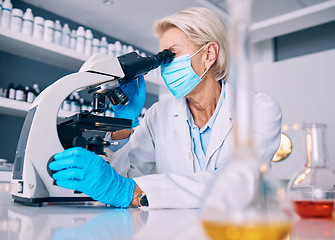 Image showing Science woman, microscope analysis and covid in lab, medical research or pharma job for molecules, particles or bacteria. Mature female scientist, vision and study virus for pharmaceutical innovation