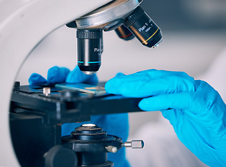 Image showing Microscope, hands and science worker research with technology testing for a pharmaceutical or medical study. Chemistry, biometric and molecule analytics equipment for particles and person in hospital