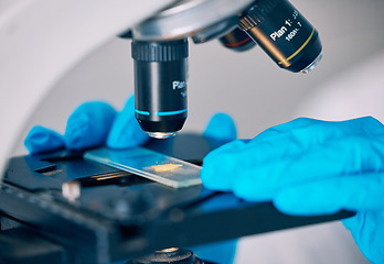 Image showing Microscope, worker hands and science worker research with technology testing for a pharmaceutical or medical study. Chemistry, biometric and molecule analytics for particles and person in hospital