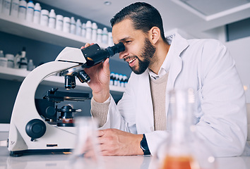 Image showing Science man, microscope and research lab for medical analysis, molecules or particles of bacteria at pharma job. Scientist, smile and thinking with vision, studying virus or pharmaceutical innovation