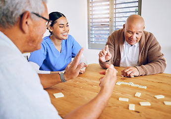 Image showing Dominoes game, caregiver and senior men playing for entertainment or bonding together in a retirement home. Happy, fun and elderly people enjoy mental rehabilitation and development with nurse