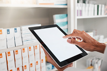 Image showing Person, pharmacist and hands with tablet mockup for inventory inspection or checking stock at pharmacy. Closeup of medical or healthcare worker with technology app display or screen in pharmaceutical