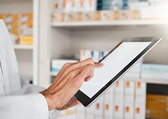 Image showing Person, pharmacist and hands with tablet screen for inventory inspection or checking stock at pharmacy. Closeup of medical or healthcare worker with technology app display or mockup in pharmaceutical