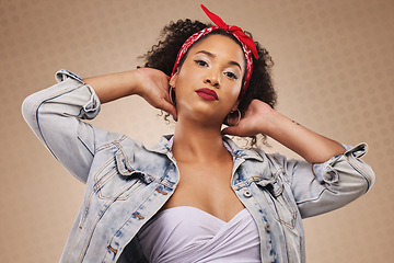 Image showing Fashion, punk and portrait of woman with hipster style isolated in a studio brown background feeling confident. Proud, cool and young creative person with funky clothing and beauty as a designer