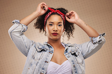 Image showing Fashion, aesthetic and portrait of woman with hipster style isolated in a studio brown background feeling confident. Proud, cool and young creative person with funky clothing and beauty as a designer