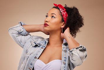 Image showing Fashion, thinking and woman with hipster style isolated in a studio brown background feeling confident. Proud, cool and young creative person with funky aesthetic or clothing and beauty as a designer