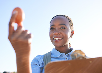 Image showing Woman, quality and egg in hand on farm with clipboard outside for sustainable small business in Africa. Poultry farming inspection, checklist and happy black farmer in countryside with sky and smile.