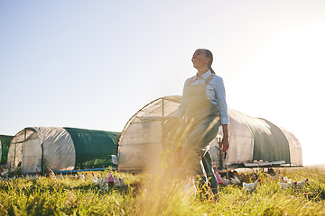 Image showing Chicken farm, happy black woman and agriculture on a eco friendly and sustainable with mockup space. Countryside, field and agro farmer with smile from farming, animal care work and working in nature