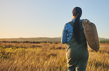 Image showing Agriculture, space and sunset with woman on farm for environment, sustainability and plant. Garden, grass and nature with back of person walking in countryside for ecology, mockup and soil health