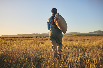 Image showing Agriculture, sunset and back of woman on farm for environment, sustainability and plant. Garden, grass and nature with person walking in countryside field for ecology, production and soil health