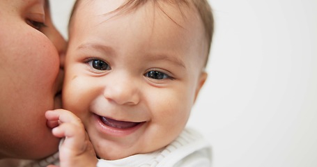 Image showing Mom, hug and baby in closeup in home for bonding with love or playing in motherhood. Infant, care and parent with embrace for quality time in portrait with protection in family for toddler together.