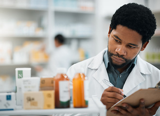 Image showing Pharmacist, checklist and medicine inventory, healthcare stock and survey or inspection for quality assurance. Medical African man or doctor writing on clipboard for drugs, product or pharmacy pills