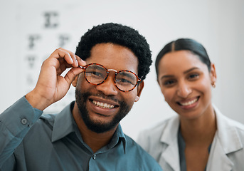 Image showing Black man, woman and glasses, eye care in portrait and optometry with health, vision and happiness. Prescription lens, frame choice and healthcare, eyewear and optometrist with wellness and medical