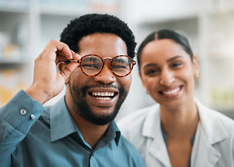 Image showing Black man, woman and glasses, vision and eye care, portrait and optometry with health and happiness. Prescription lens, frame choice and healthcare, eyewear and optometrist with wellness and medical