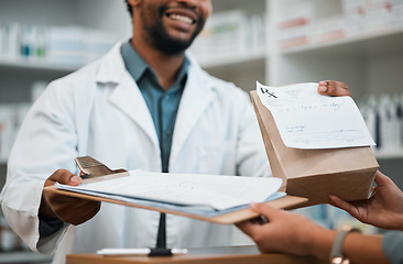 Image showing Pharmacist hands, checklist and medicine package for customer service, healthcare or retail drugs in consultation. Medical worker or doctor in pharmacy giving documents, pills and insurance questions