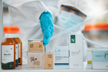 Image showing Drugs, pharmacy and disinfection, person in PPE for hygiene and cleaning, safety from bacteria and virus. Covid, compliance and healthcare, pharmaceutical and sanitize with cleaner and chemicals